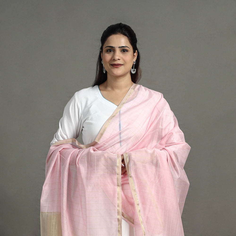 Pink - Handloom Silk Cotton Zari Work Maheshwari Dupatta 07