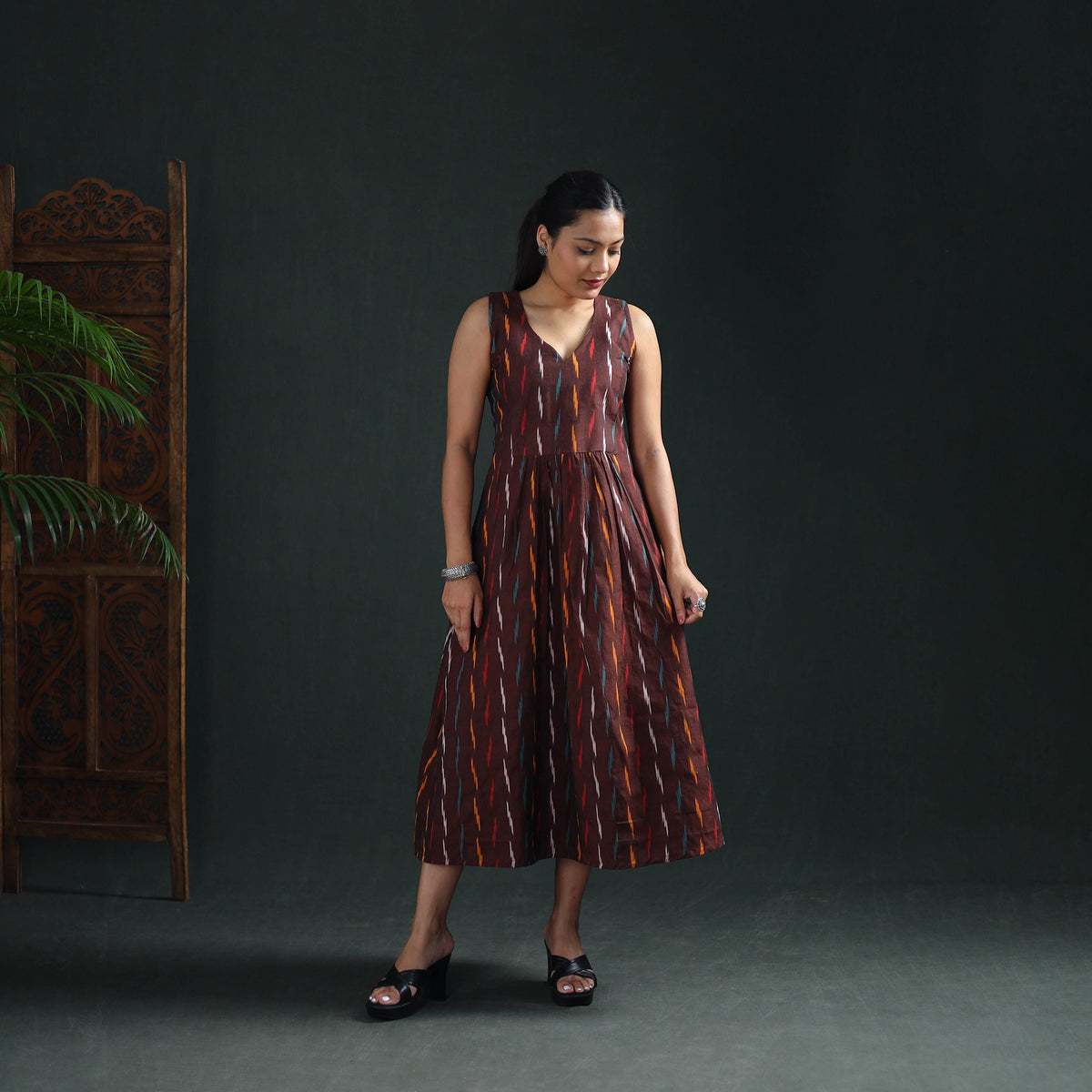 Pochampally Ikat Cotton Sleeveless Flared Long Dress for Women 16