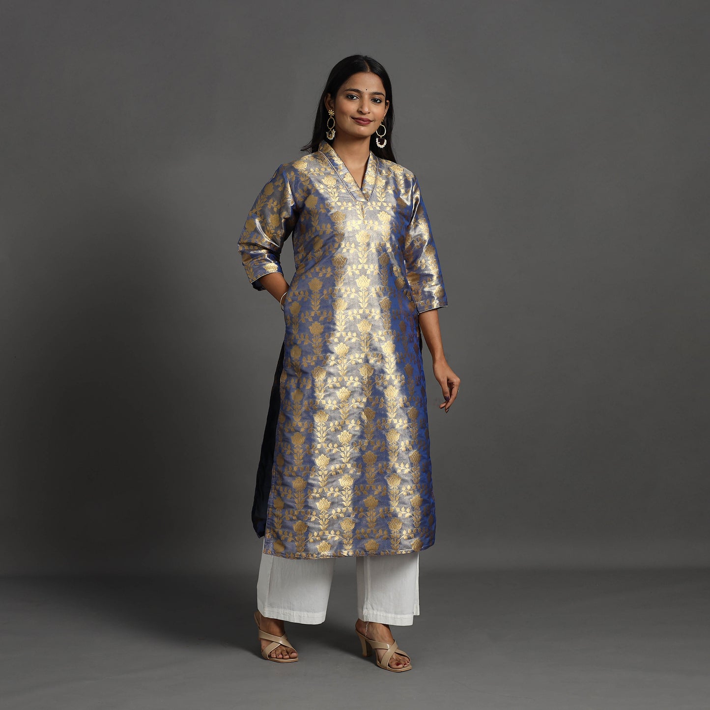 Blue - Cutwork Tissue Zari Jaal Banarasi Silk Kurta 10