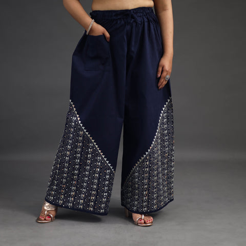 Navy Blue - Kantha Hand Embroidery Palazzo in Cotton 46