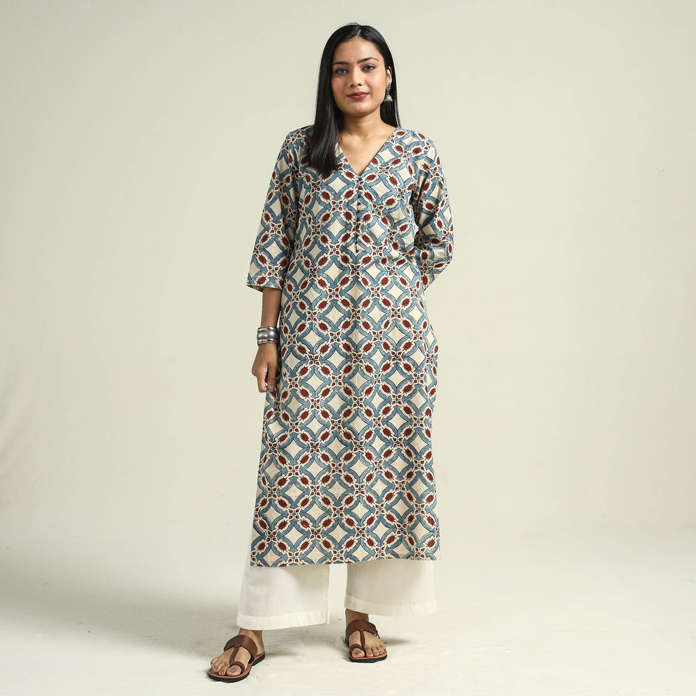 Beige - Cream with Geometric - Ajrakh Hand Block Printed Cotton Straight Kurta