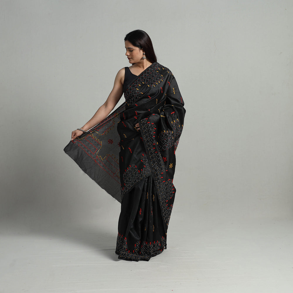 Black - Handcrafted Bengal Nakshi Kantha Work Silk Saree 14