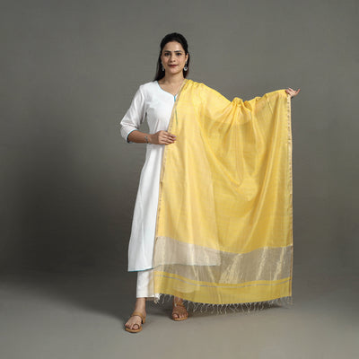 Yellow - Handloom Silk Cotton Zari Work Maheshwari Dupatta 08