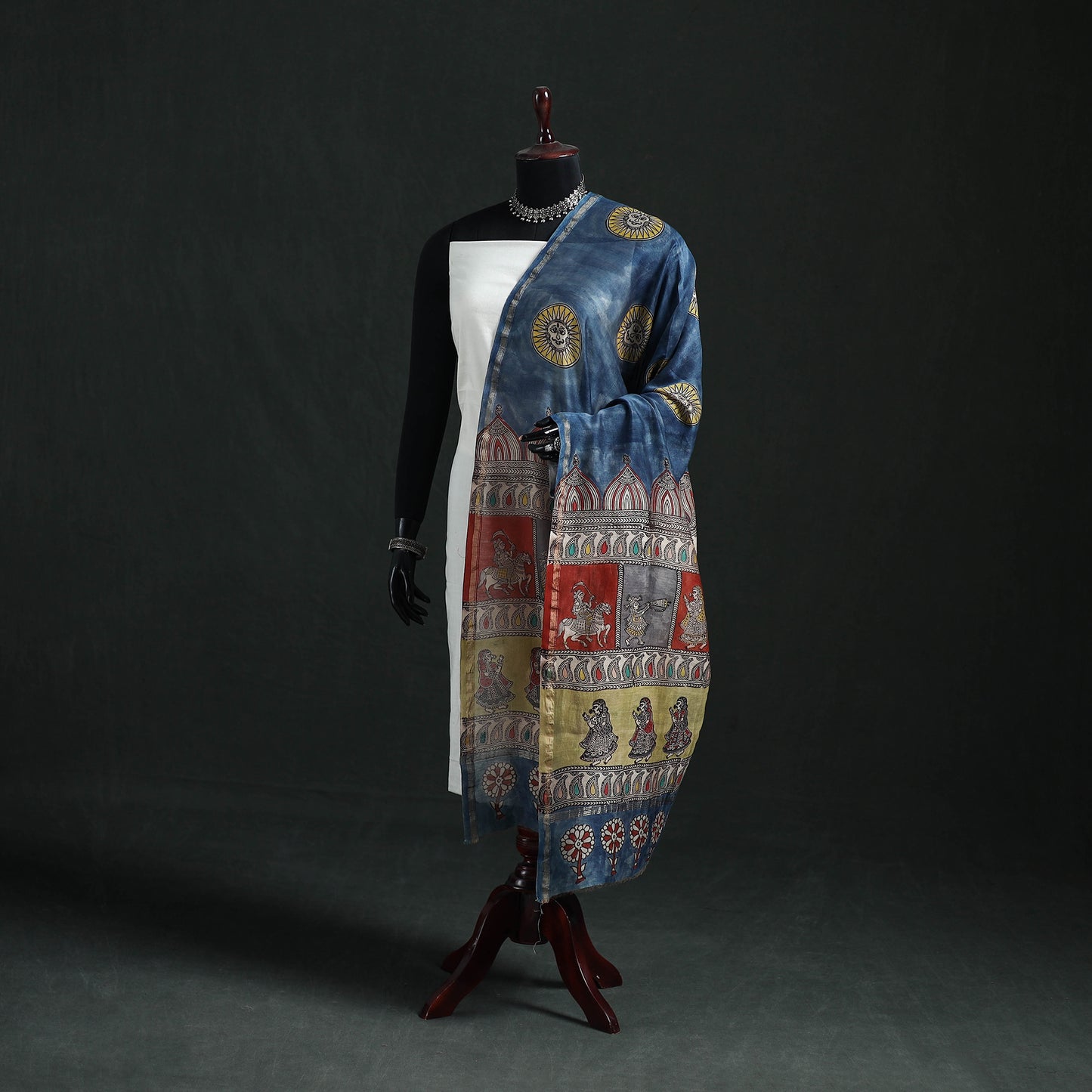 Multicolor - Mata Ni Pachedi Handpainted Natural Dyed Chanderi Silk Handloom Dupatta 26