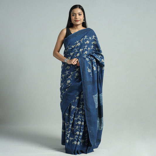 Blue - Bindaas Art Block Printed Natural Dyed Cotton Saree 44