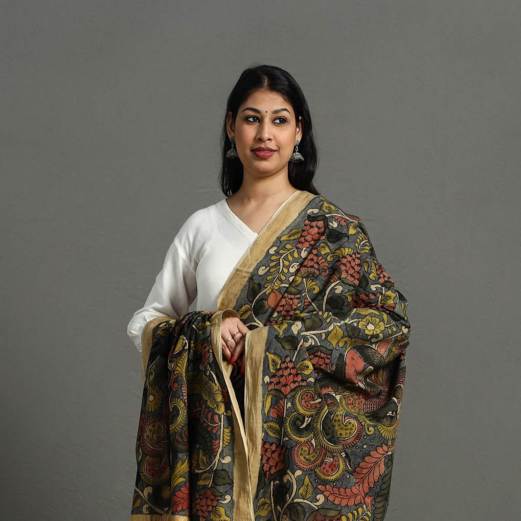 Grey - Mangalagiri Cotton Handpainted Pen Work Kalamkari Dupatta 13