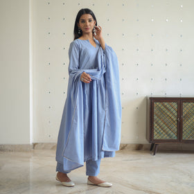Gulnaaz Grey Cotton Flared Kurta with Palazzo & Dupatta Set