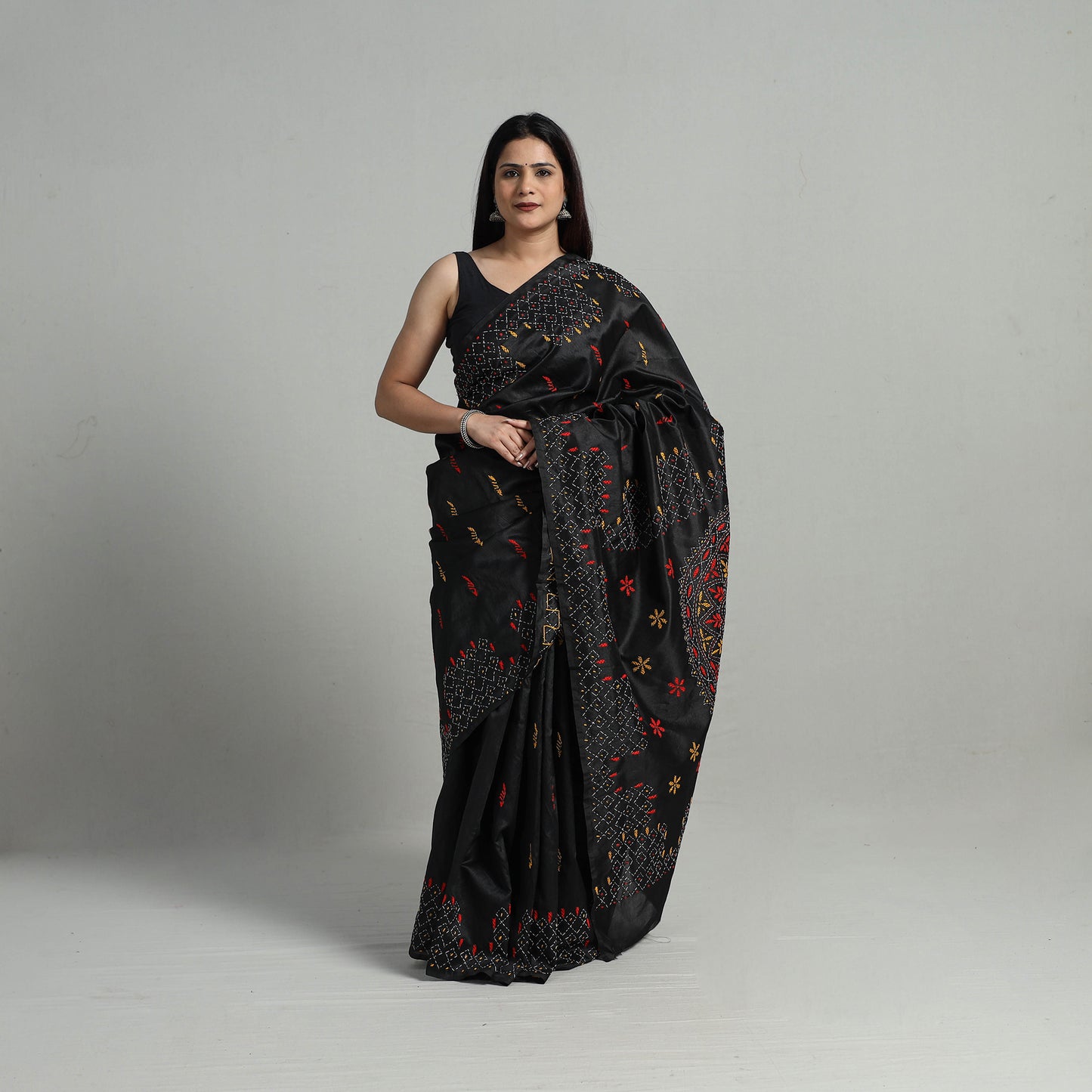 Black - Handcrafted Bengal Nakshi Kantha Work Silk Saree 14