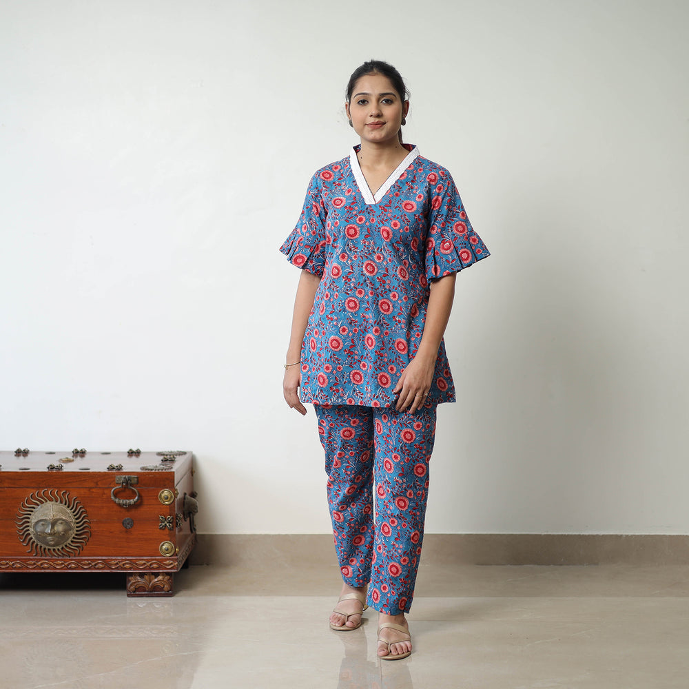 Blue - Block Printed Cotton Sanganeri Co-Ord Set 04