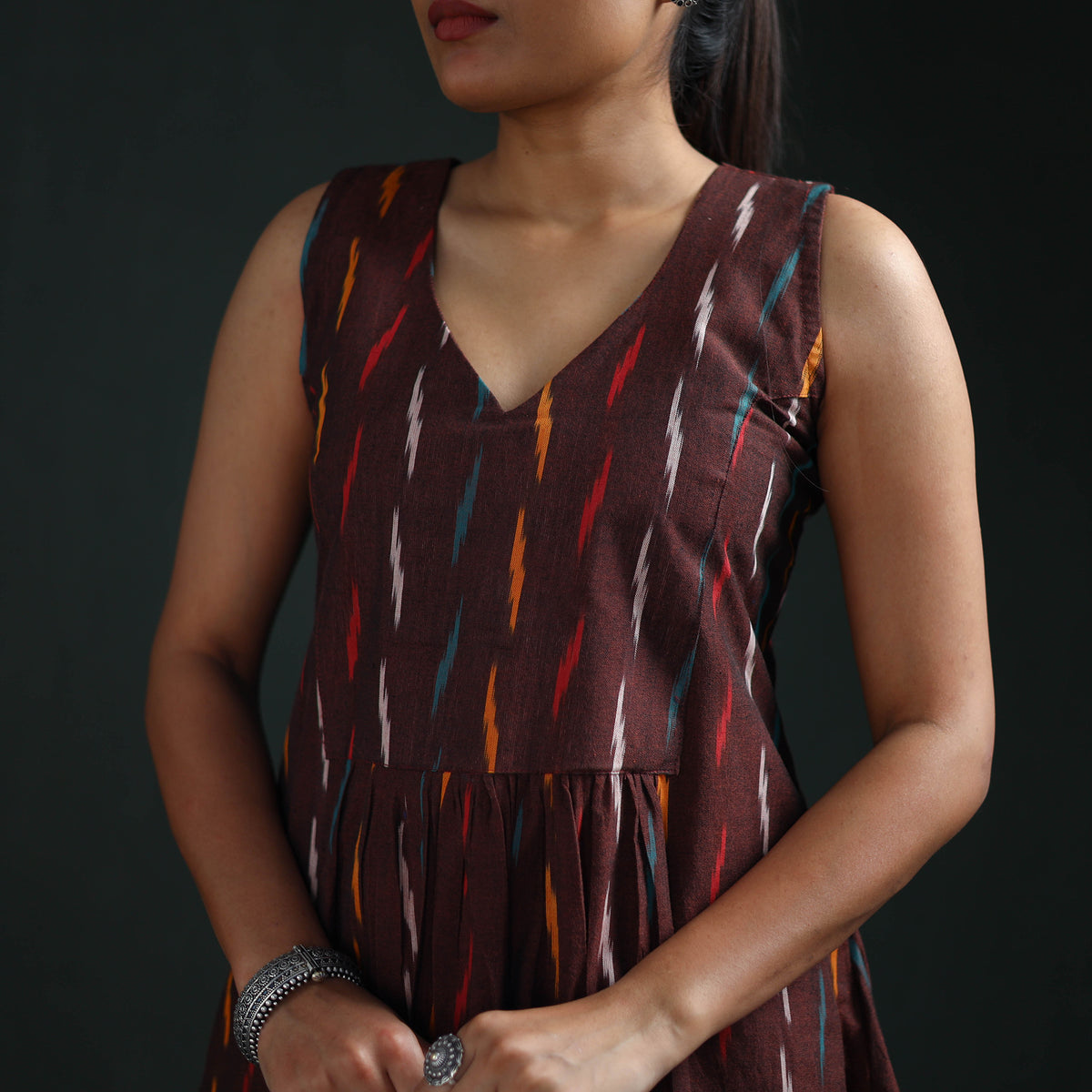 Pochampally Ikat Cotton Sleeveless Flared Long Dress for Women 16