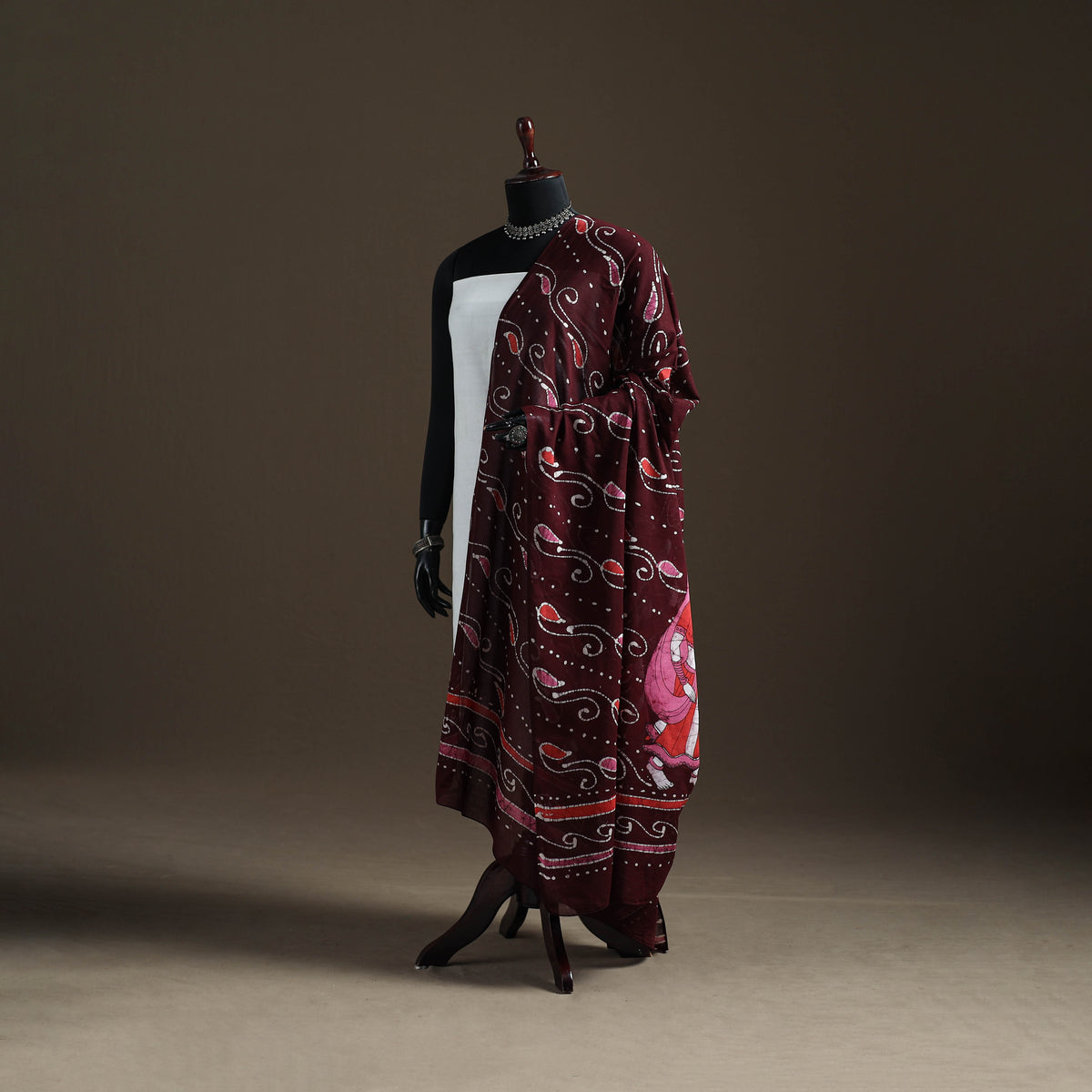 Maroon - hand batik print cotton dupatta 47 - handcrafted