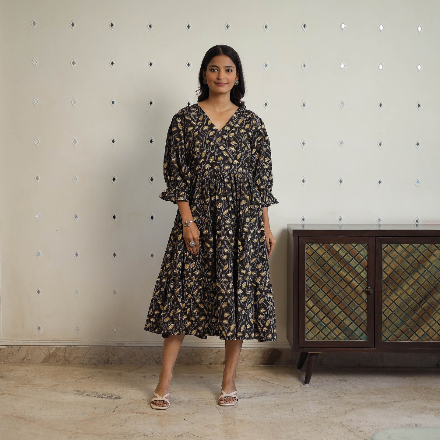 Black - Block Printed Cotton Flare Jahota Dress 08