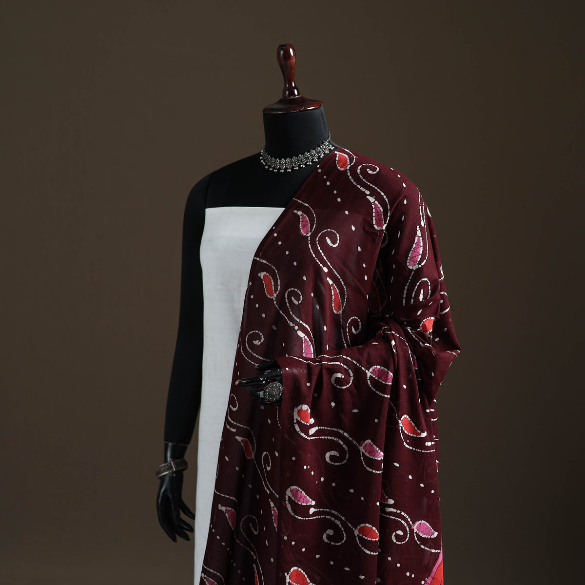 Maroon - hand batik print cotton dupatta 47 - handcrafted