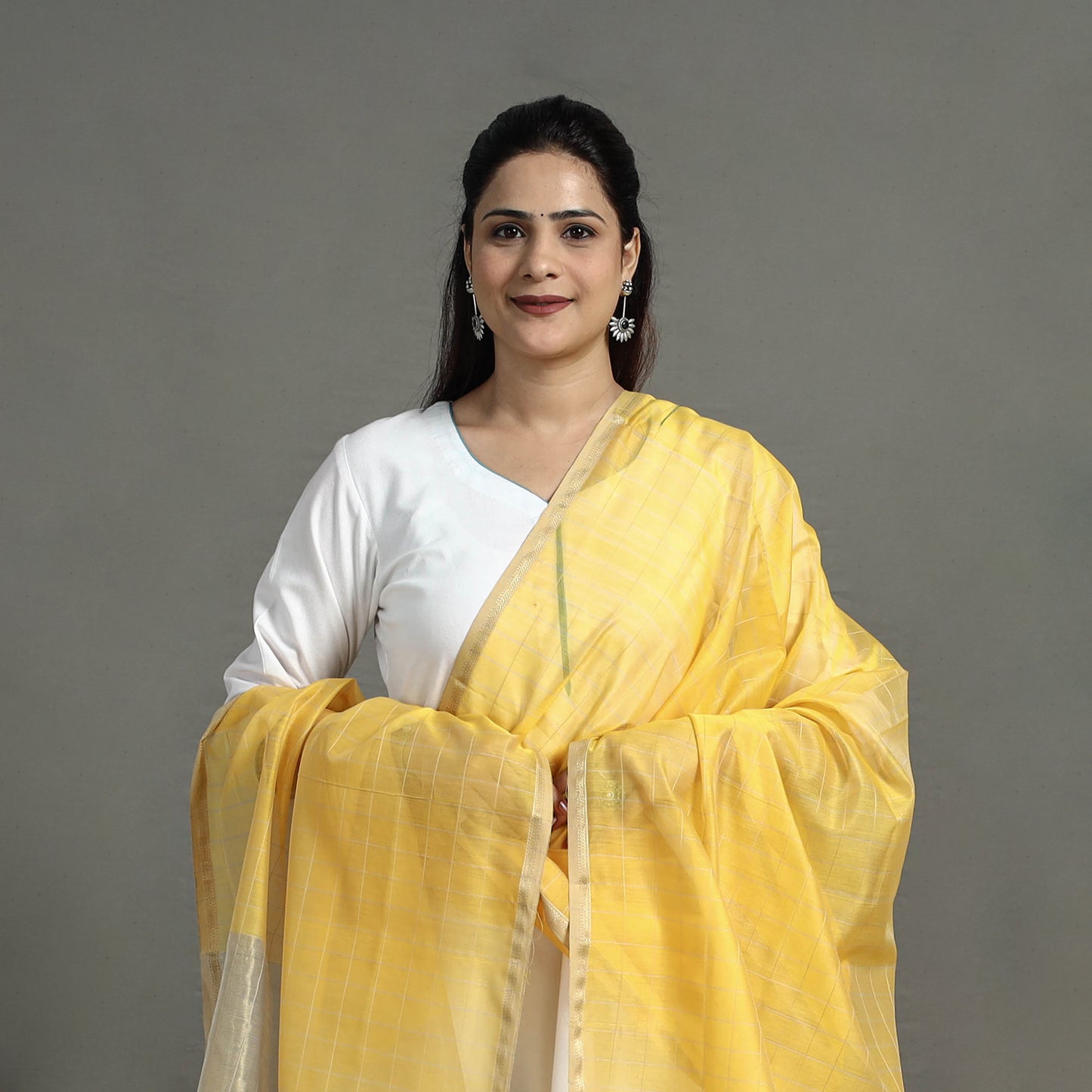 Yellow - Handloom Silk Cotton Zari Work Maheshwari Dupatta 08