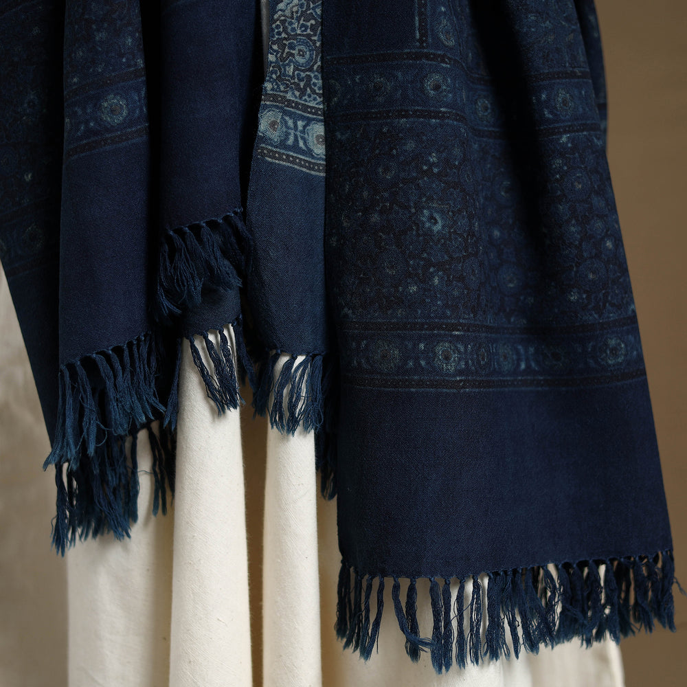 Blue - Kutch Handwoven Ajrakh Print Pure Wool Shawl 13