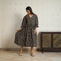 Black - Block Printed Cotton Flare Jahota Dress 08