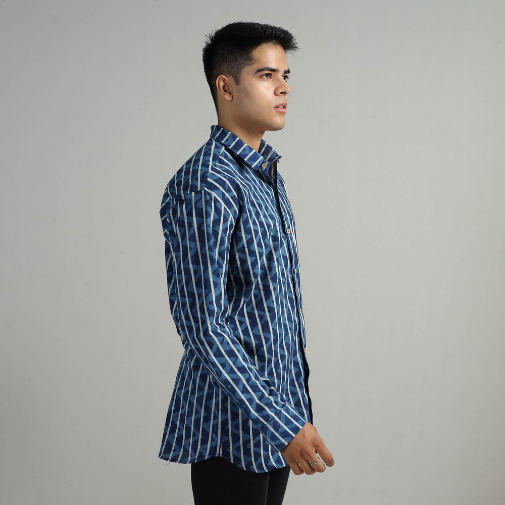 Blue - Indigo Block Printed Cotton Men Full Sleeve Shirt 09