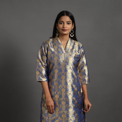 Blue - Cutwork Tissue Zari Jaal Banarasi Silk Kurta 10