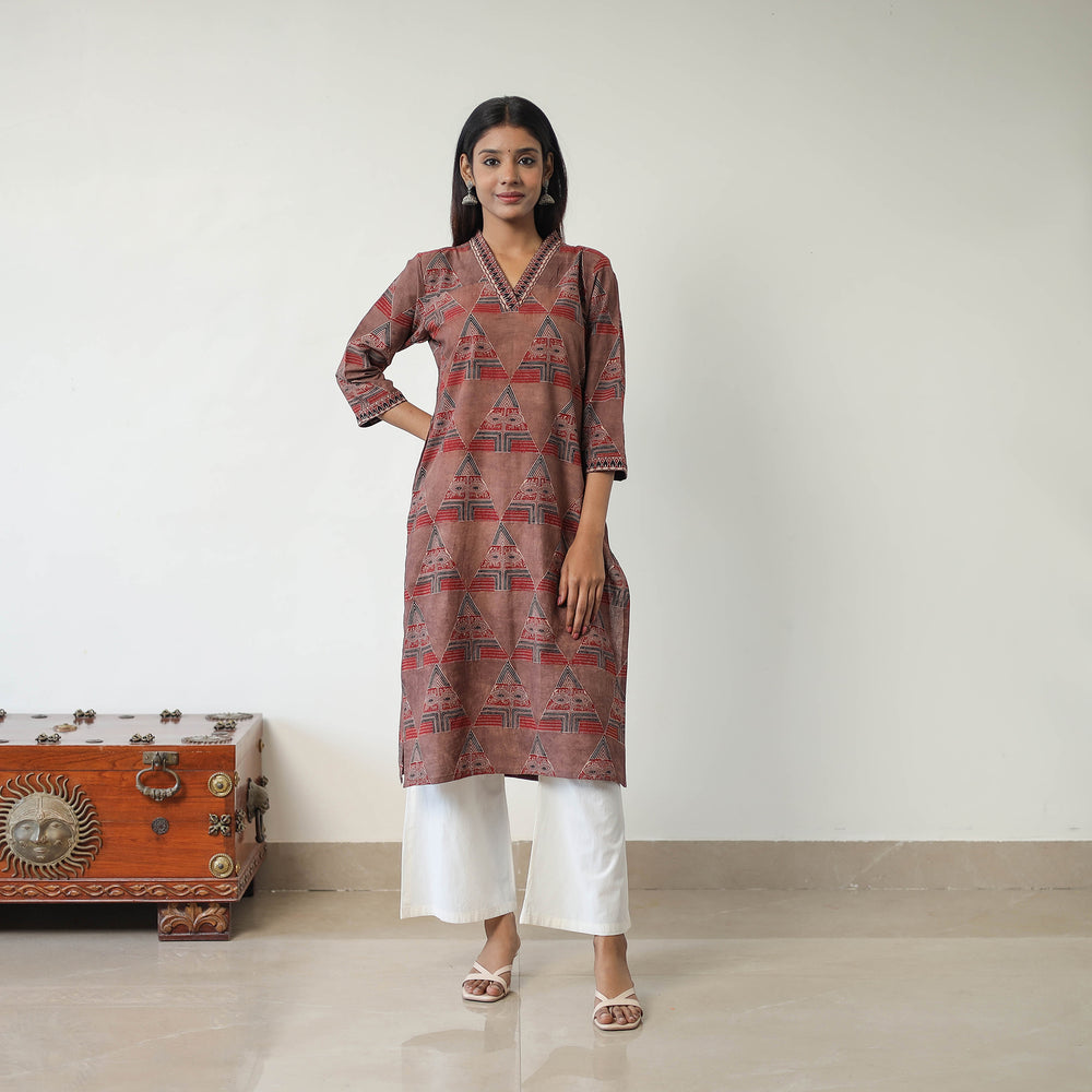 Brown - Block Printed Cotton Straight Ajrakh Kurta 18