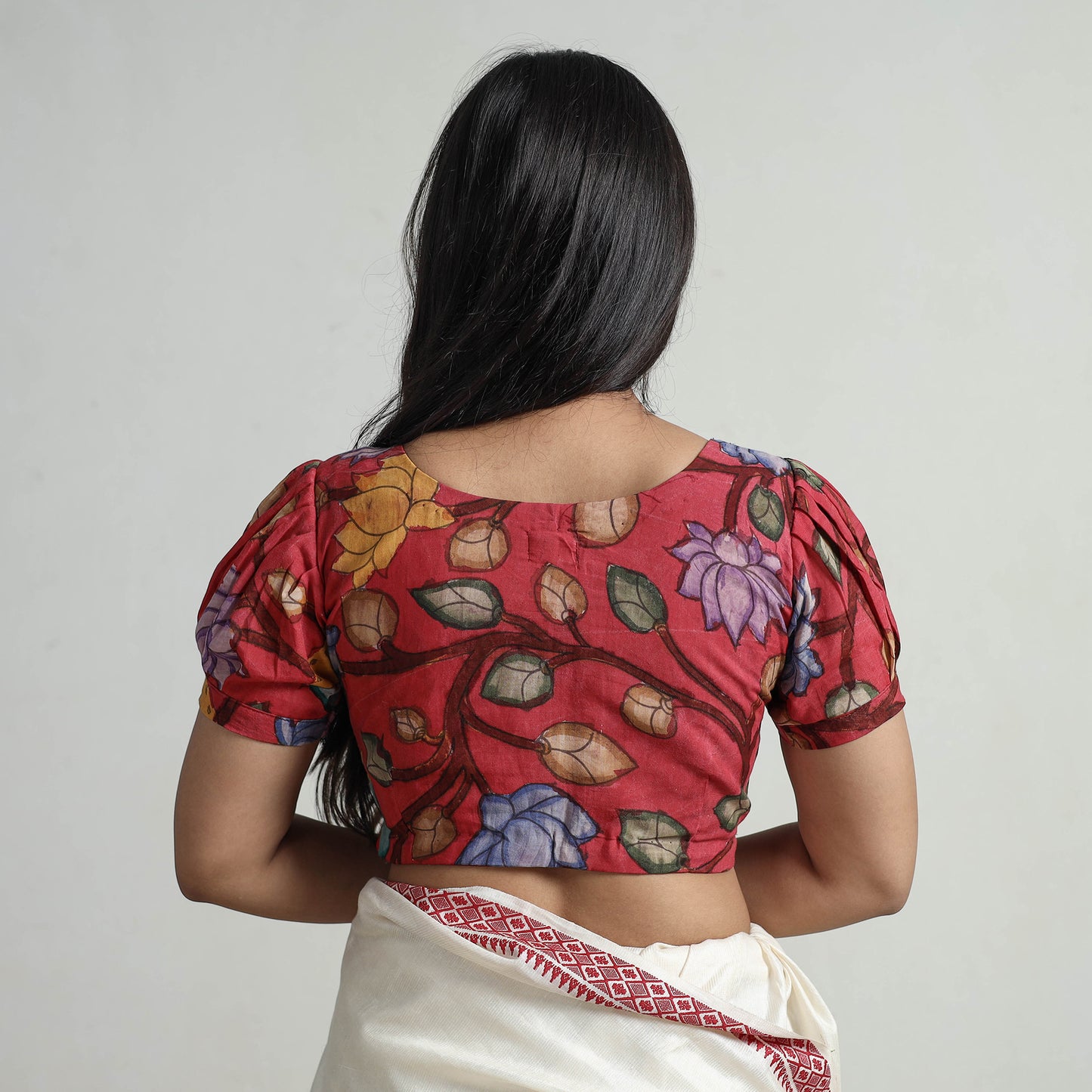 Red - Srikalahasti Handpainted Penwork Kalamkari Chanderi Silk Stitched Blouse 09