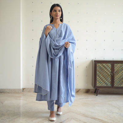 Gulnaaz Grey Cotton Flared Kurta with Palazzo & Dupatta Set