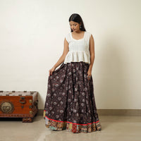 Brown - Hand Block Printed Cotton Long Bagru Skirt 07