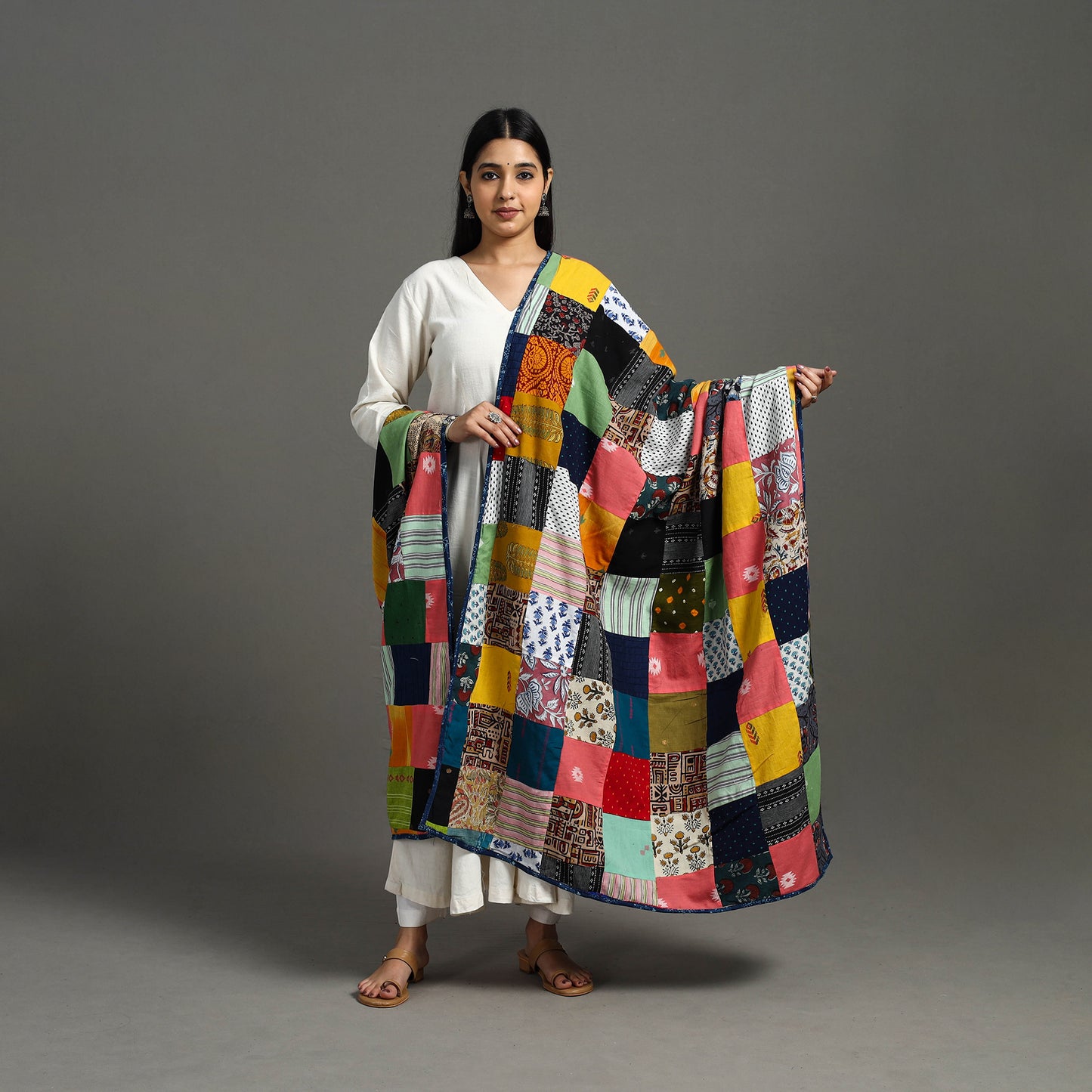 Multicolor - Indigo Cotton Reversible Patchwork Dupatta 13