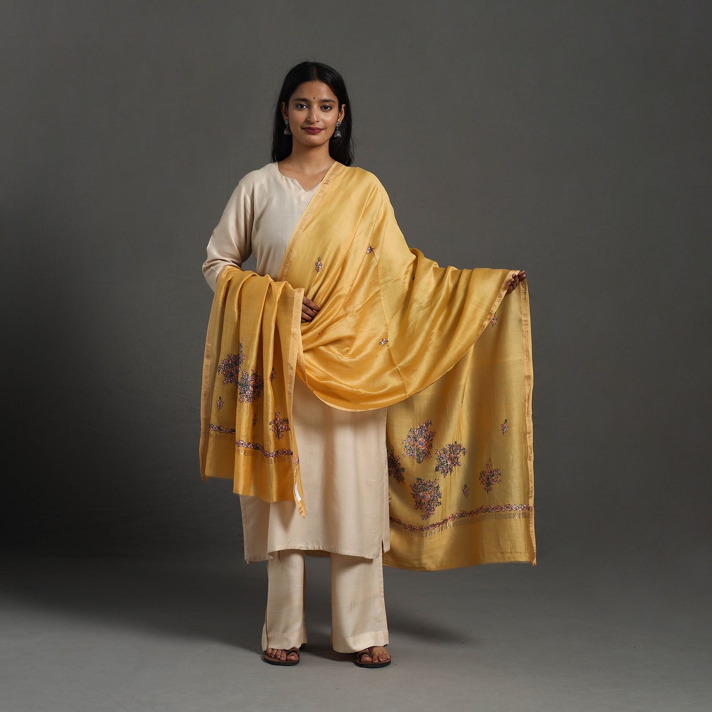 Buy Yellow Hand Embroidered Silk Handloom Kashida Dupatta