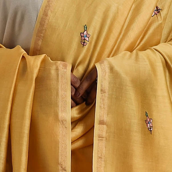 Buy Yellow Hand Embroidered Silk Handloom Kashida Dupatta