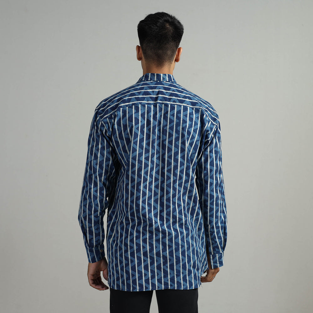 Blue - Indigo Block Printed Cotton Men Full Sleeve Shirt 09