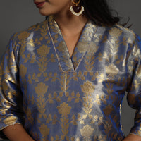 Blue - Cutwork Tissue Zari Jaal Banarasi Silk Kurta 10