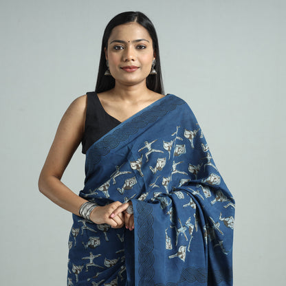 Blue - Bindaas Art Block Printed Natural Dyed Cotton Saree 44