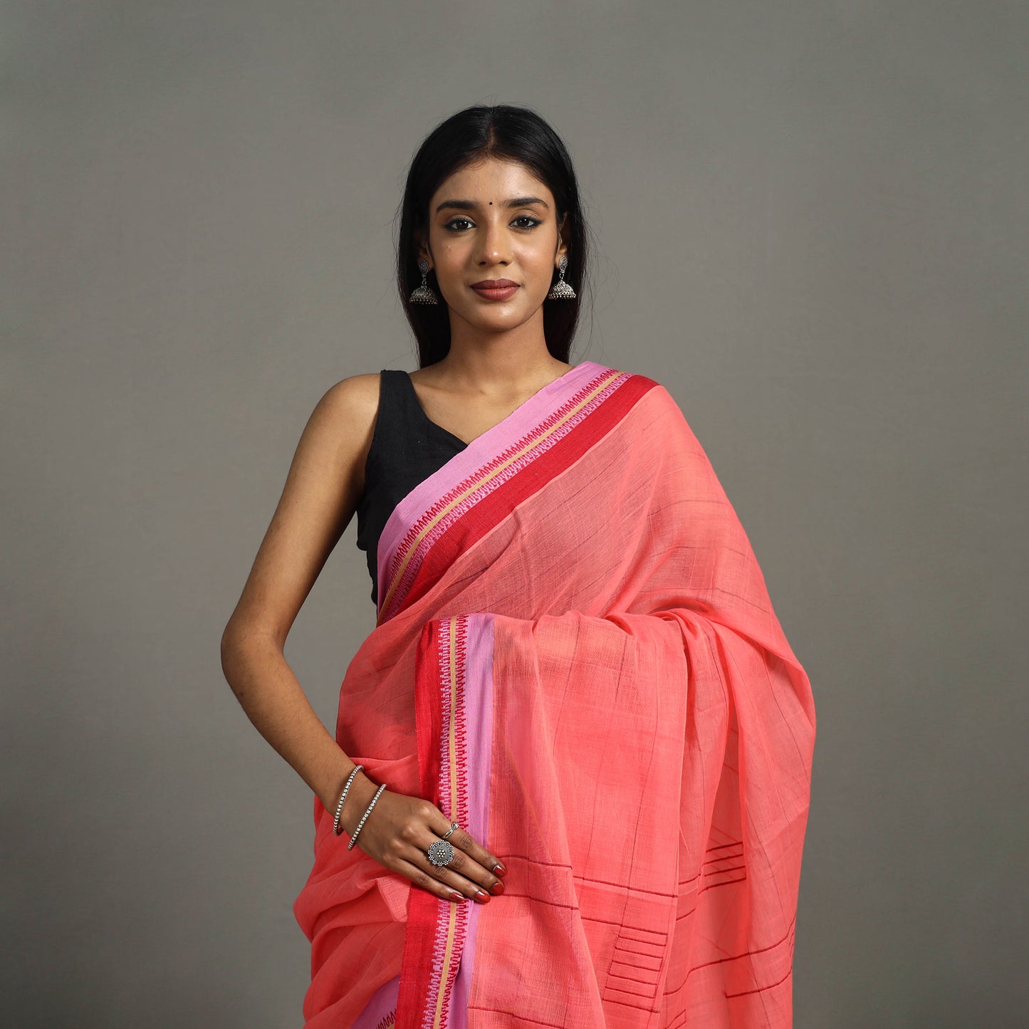 Pink - Turned Weft Circuit Cotton Handloom Saree 17