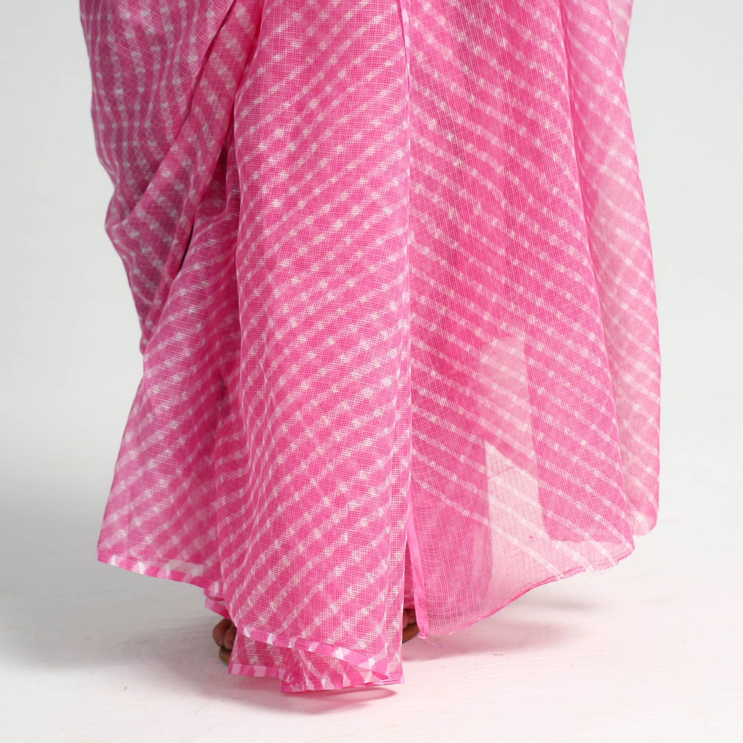 Pink - Leheriya Tie-Dye Kota Doria Cotton Saree 13