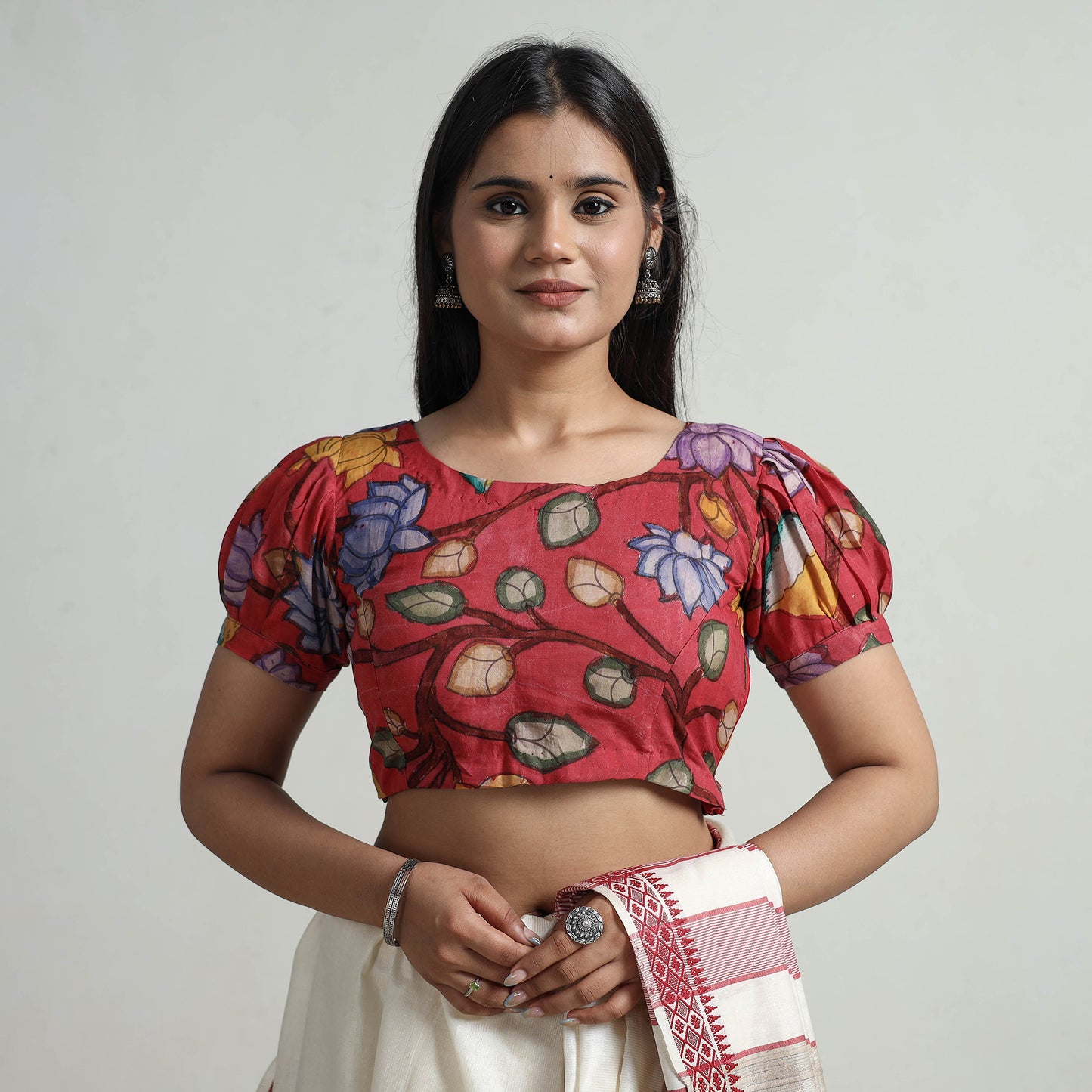 Red - Srikalahasti Handpainted Penwork Kalamkari Chanderi Silk Stitched Blouse 09