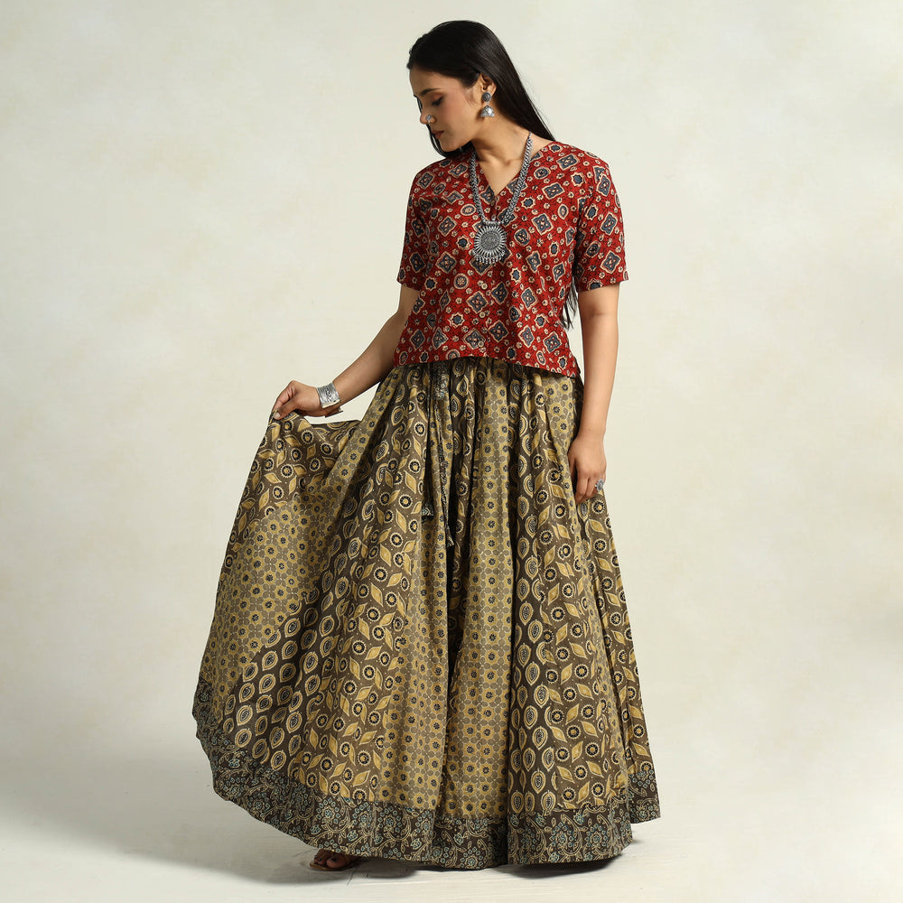 Brown - Kutch Block Printed 24 Kali Cotton Long Skirt 12