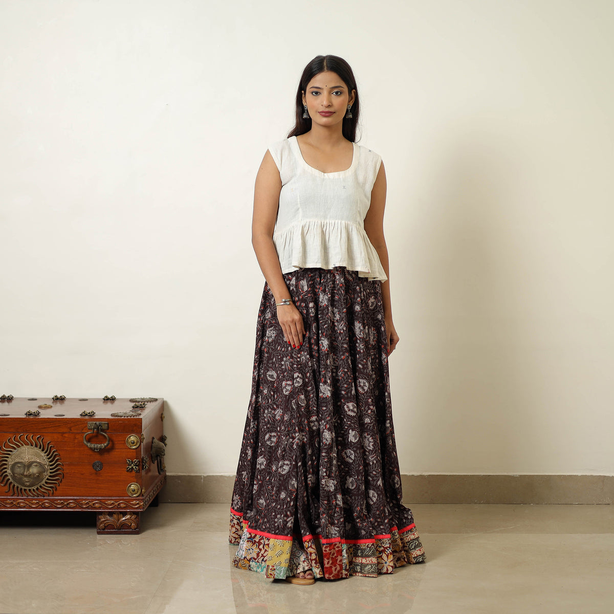 Brown - Hand Block Printed Cotton Long Bagru Skirt 07