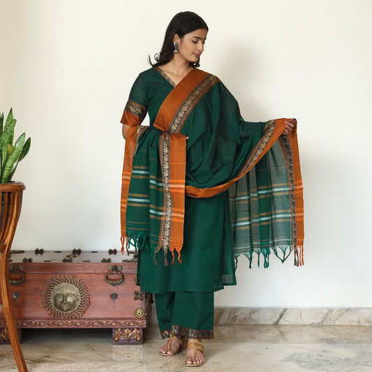 Green - Dharwad Cotton Kurta with Palazzo & Dupatta Set 02