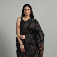 Black - Handcrafted Bengal Nakshi Kantha Work Silk Saree 14