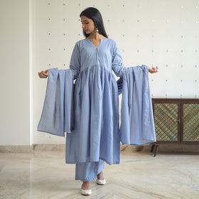 Gulnaaz Grey Cotton Flared Kurta with Palazzo & Dupatta Set