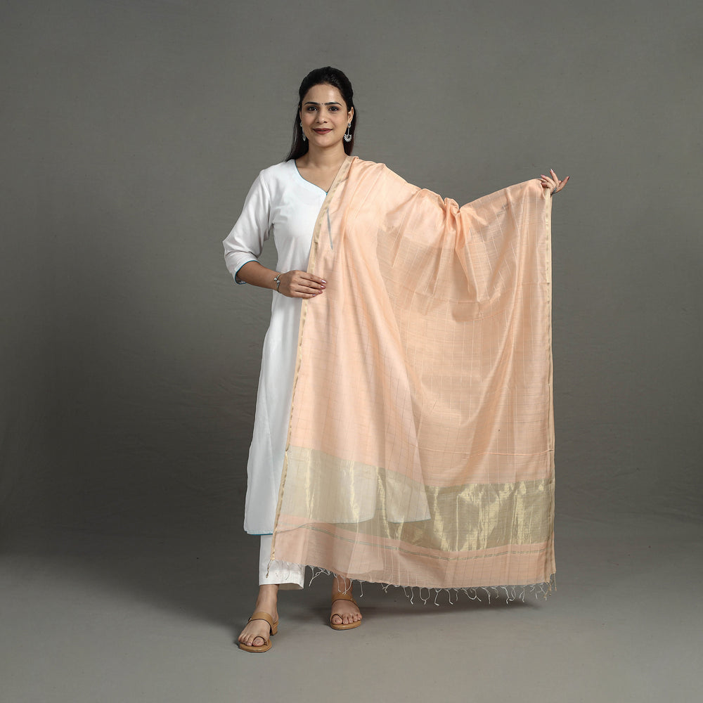 Peach - Handloom Silk Cotton Zari Work Maheshwari Dupatta 09