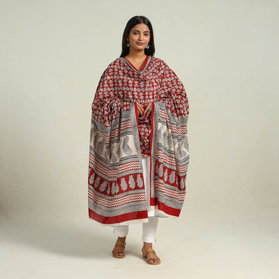 Red - Hand Block Print Cotton Bagh Dupatta 29