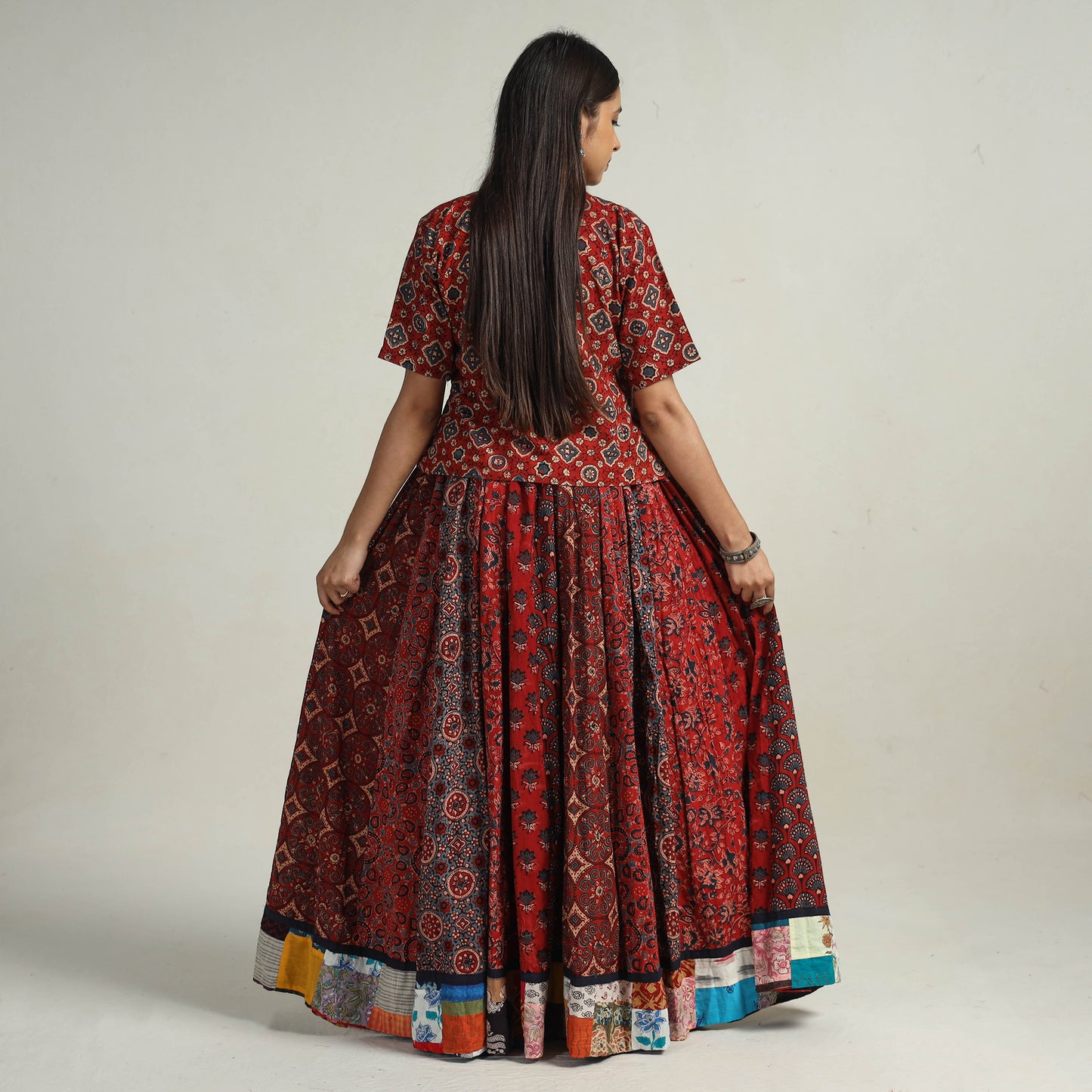 Multicolor - Kutch Block Printed 24 Kali Cotton Long Skirt 23