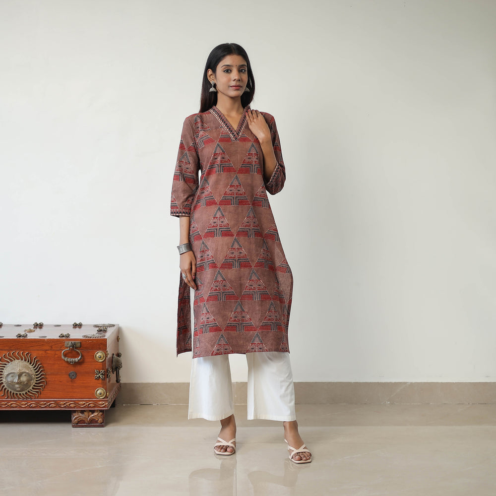 Brown - Block Printed Cotton Straight Ajrakh Kurta 18