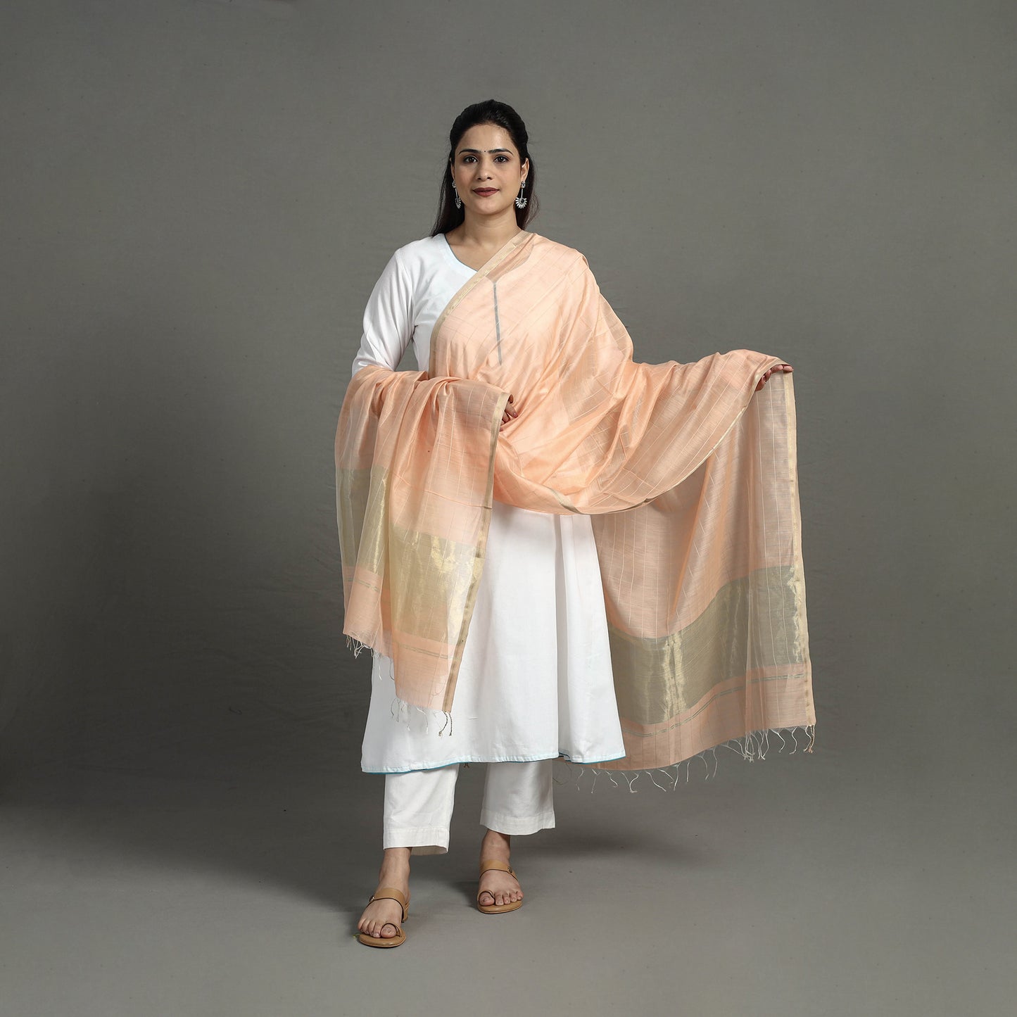 Peach - Handloom Silk Cotton Zari Work Maheshwari Dupatta 09