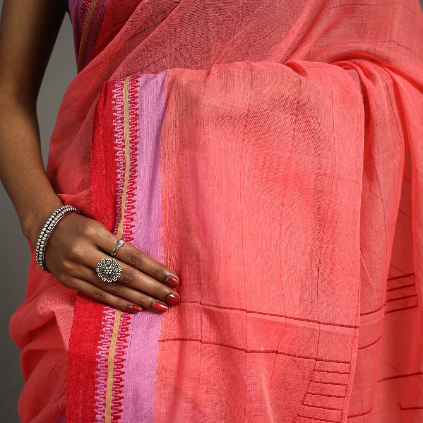 Pink - Turned Weft Circuit Cotton Handloom Saree 17