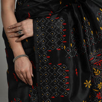 Black - Handcrafted Bengal Nakshi Kantha Work Silk Saree 14