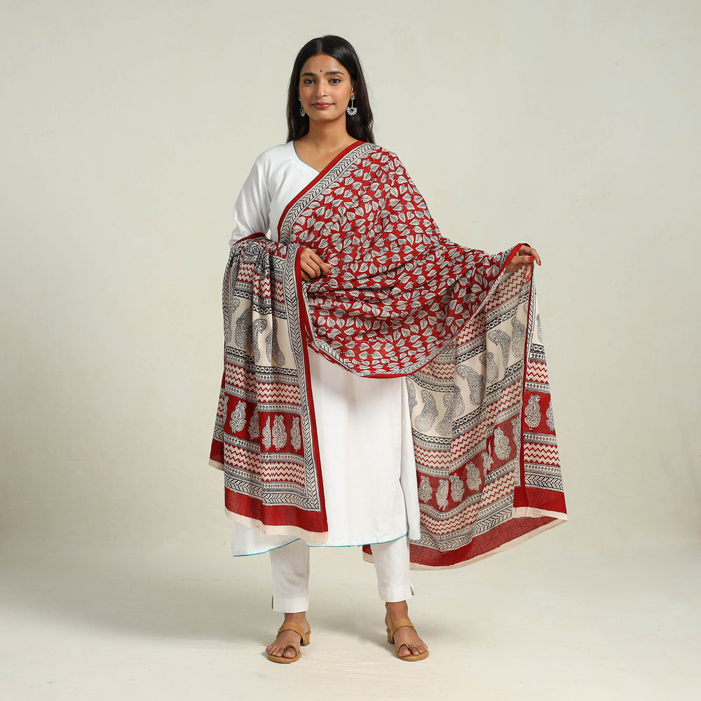 Red - Hand Block Print Cotton Bagh Dupatta 29