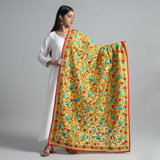 Yellow - Ranihati Chanderi Silk Chapa Work Phulkari Embroidered Dupatta 36