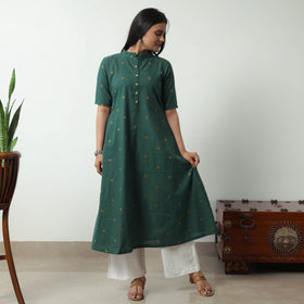 Green - Jacquard Cotton A-Line Kurta 18